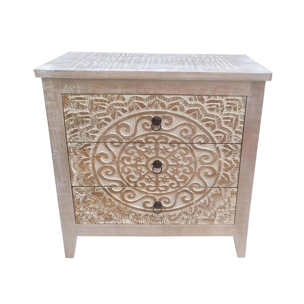 28 Inch Ornate Medallion Accent Cabinet with 3 Drawers, Mango Wood, White By Casagear Home