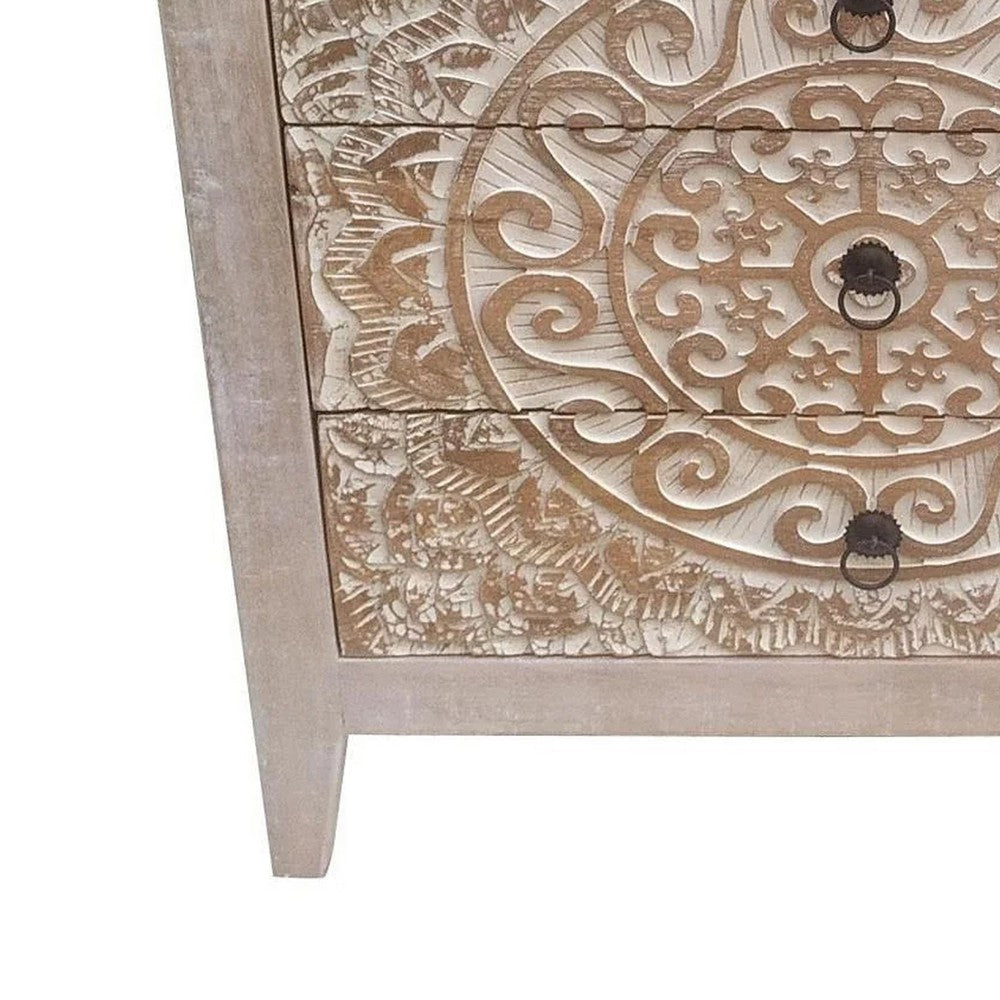 28 Inch Ornate Medallion Accent Cabinet with 3 Drawers Mango Wood White By Casagear Home BM309203