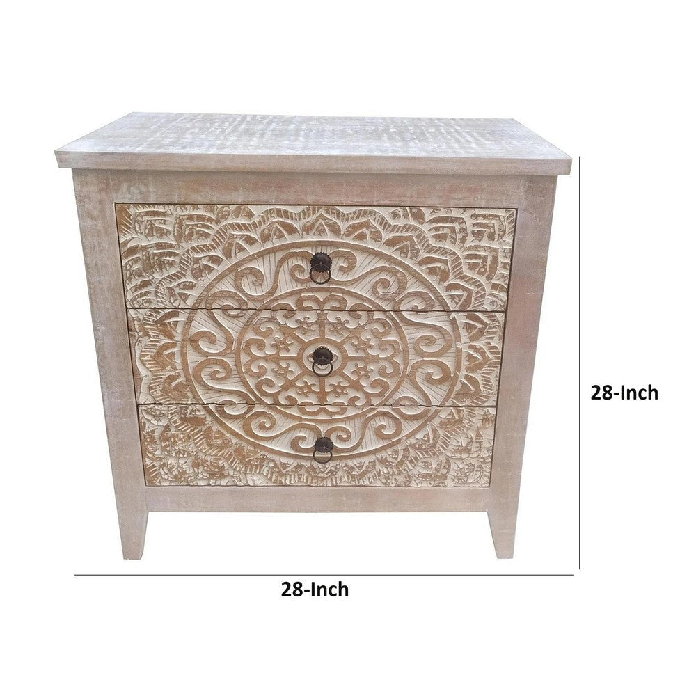 28 Inch Ornate Medallion Accent Cabinet with 3 Drawers Mango Wood White By Casagear Home BM309203