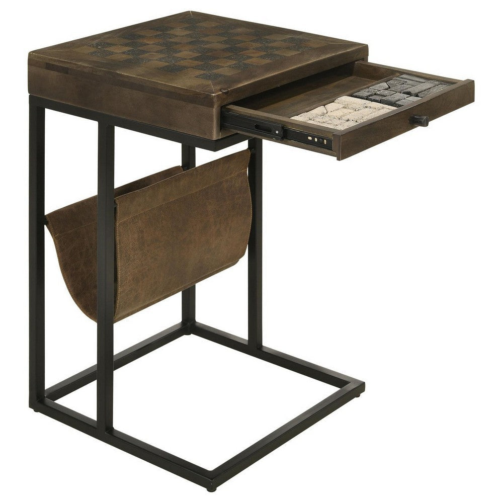 27 Inch Chess Side Table Drawer Magazine Holder Tobbaco Brown Mango Wood By Casagear Home BM309207