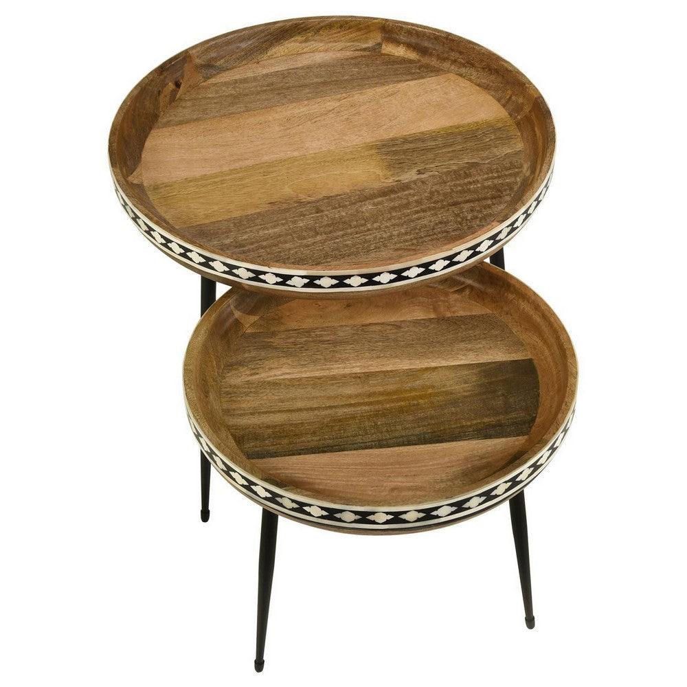 2 Piece Nesting Tables with Inlaid Bone Detail Design Mango Wood Brown By Casagear Home BM309209