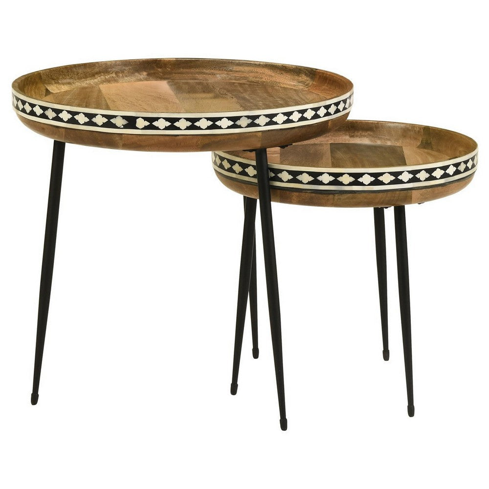 2 Piece Nesting Tables with Inlaid Bone Detail Design Mango Wood Brown By Casagear Home BM309209