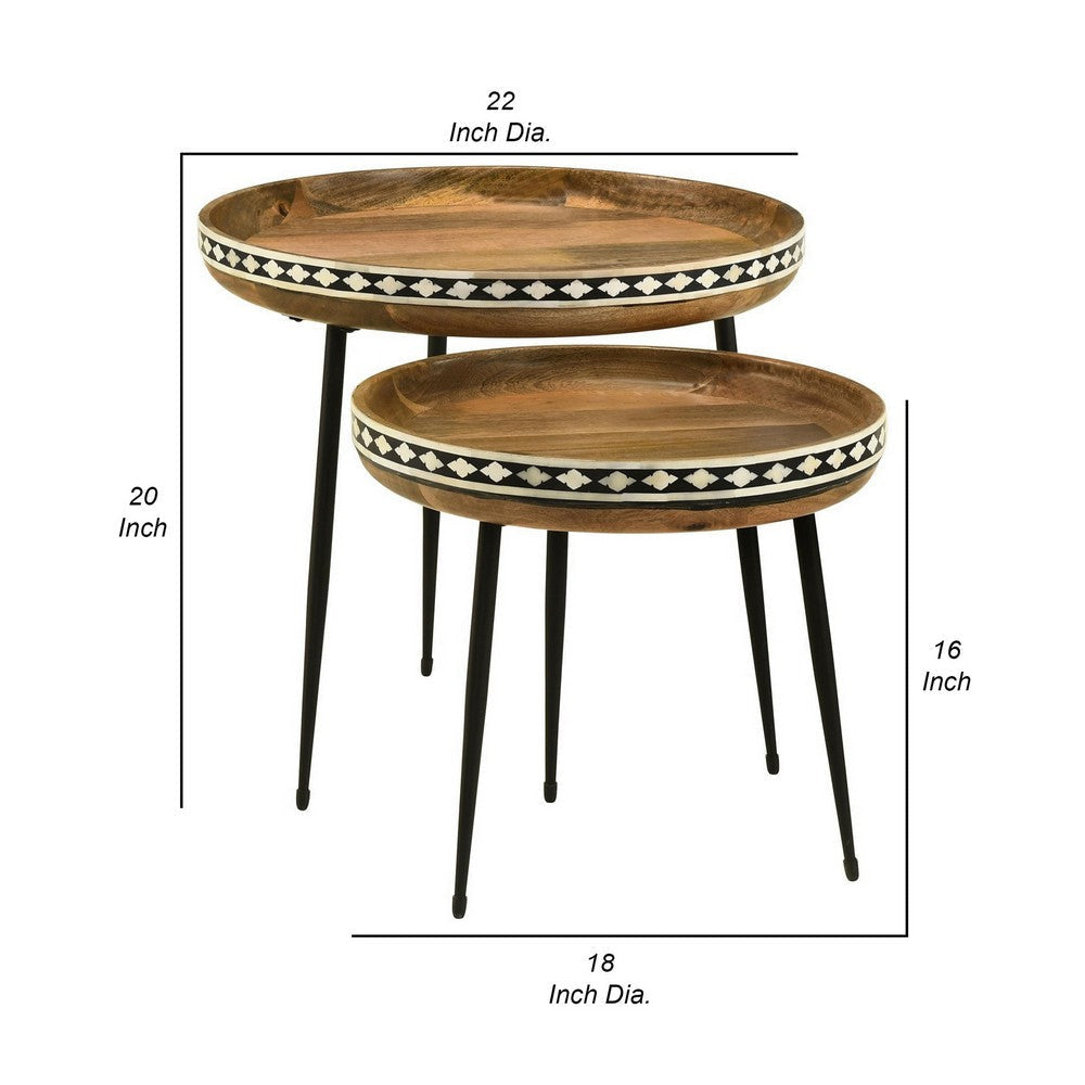 2 Piece Nesting Tables with Inlaid Bone Detail Design Mango Wood Brown By Casagear Home BM309209