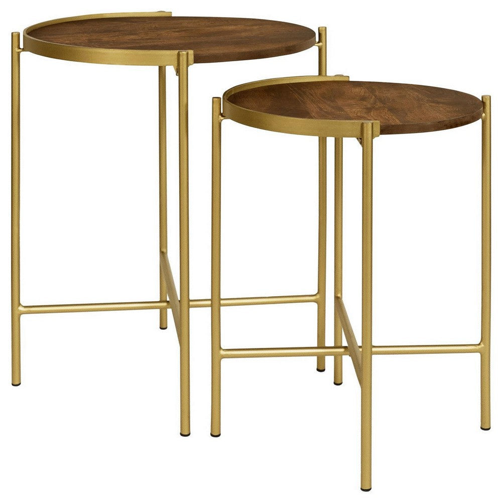 2 Piece Round Nesting Tables, Gold Iron, Modern Mango Wood, Warm Brown By Casagear Home