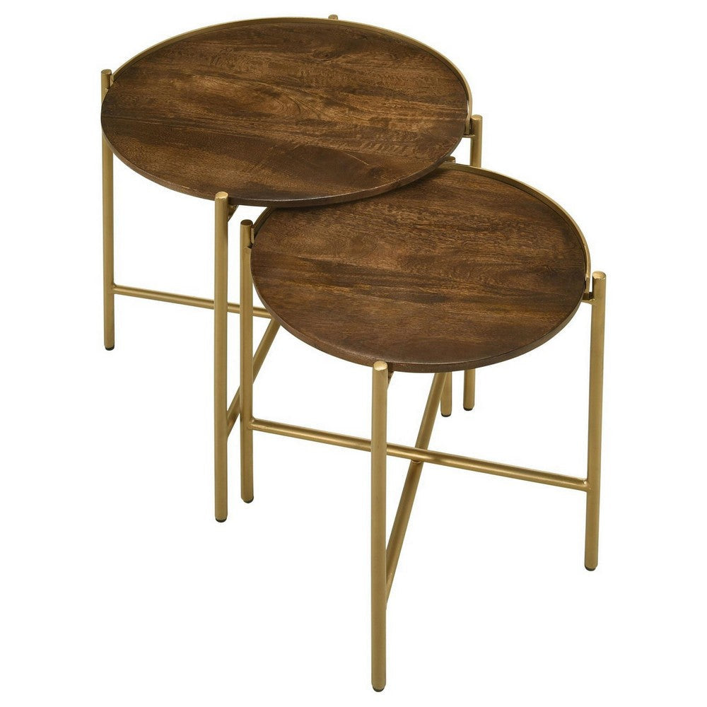 2 Piece Round Nesting Tables Gold Iron Modern Mango Wood Warm Brown By Casagear Home BM309212