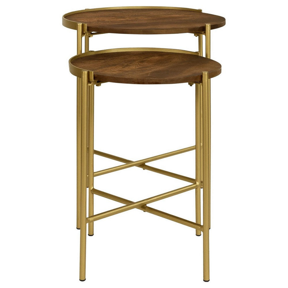 2 Piece Round Nesting Tables Gold Iron Modern Mango Wood Warm Brown By Casagear Home BM309212