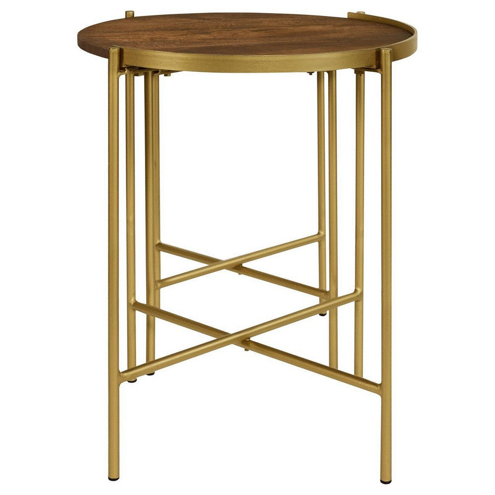 2 Piece Round Nesting Tables Gold Iron Modern Mango Wood Warm Brown By Casagear Home BM309212