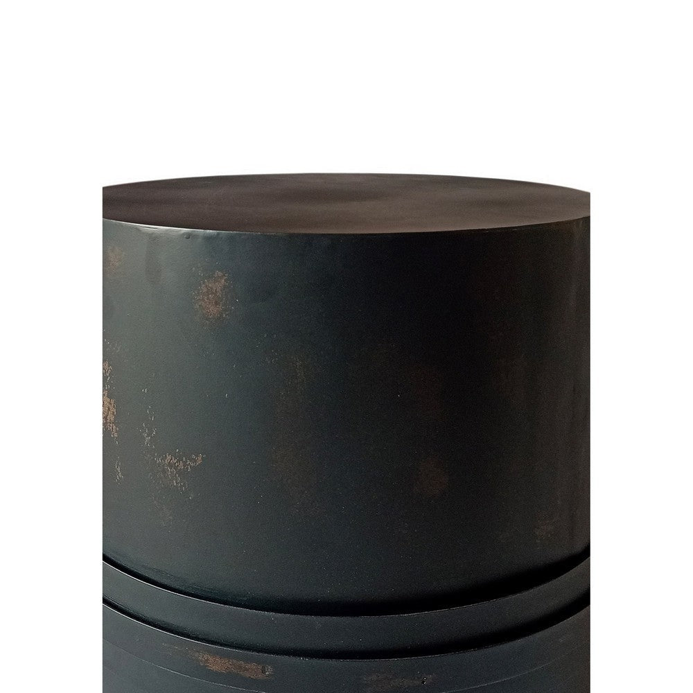 22 Inch Side Table with Round Iron Top Distressed Black Cylinder Drum By Casagear Home BM309213