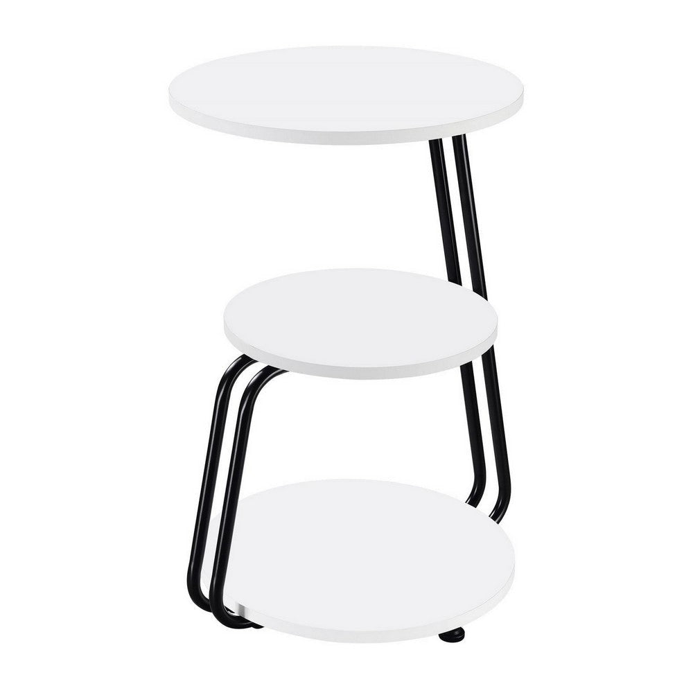 26 Inch Side End Table, 3 Tier Design, Black Metal Frame, White Finish By Casagear Home