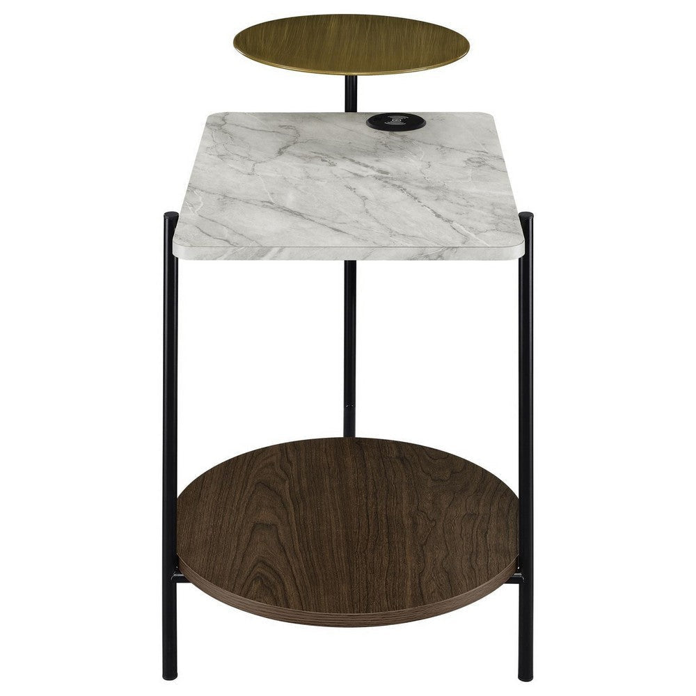 26 Inch Side End Table 3 Tier Design USB Port White Black and Brown By Casagear Home BM309264