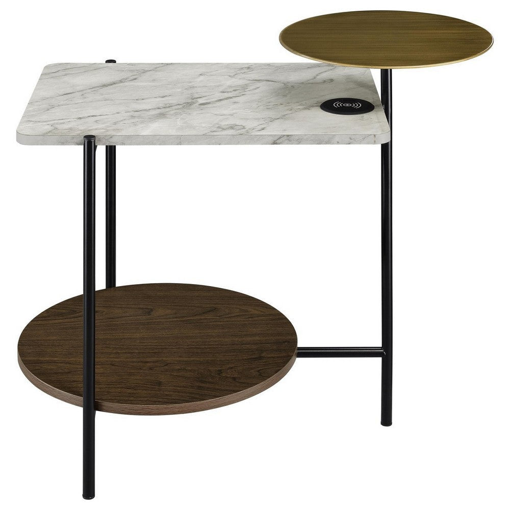 26 Inch Side End Table 3 Tier Design USB Port White Black and Brown By Casagear Home BM309264