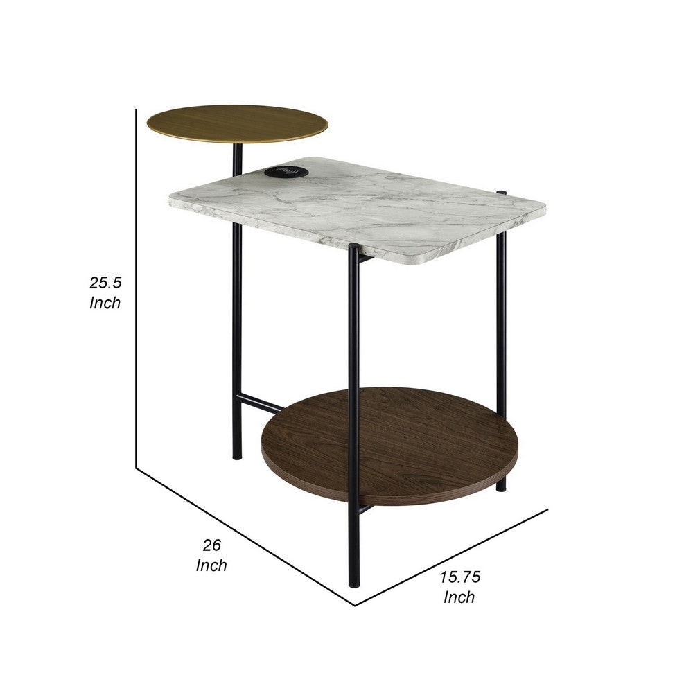 26 Inch Side End Table 3 Tier Design USB Port White Black and Brown By Casagear Home BM309264