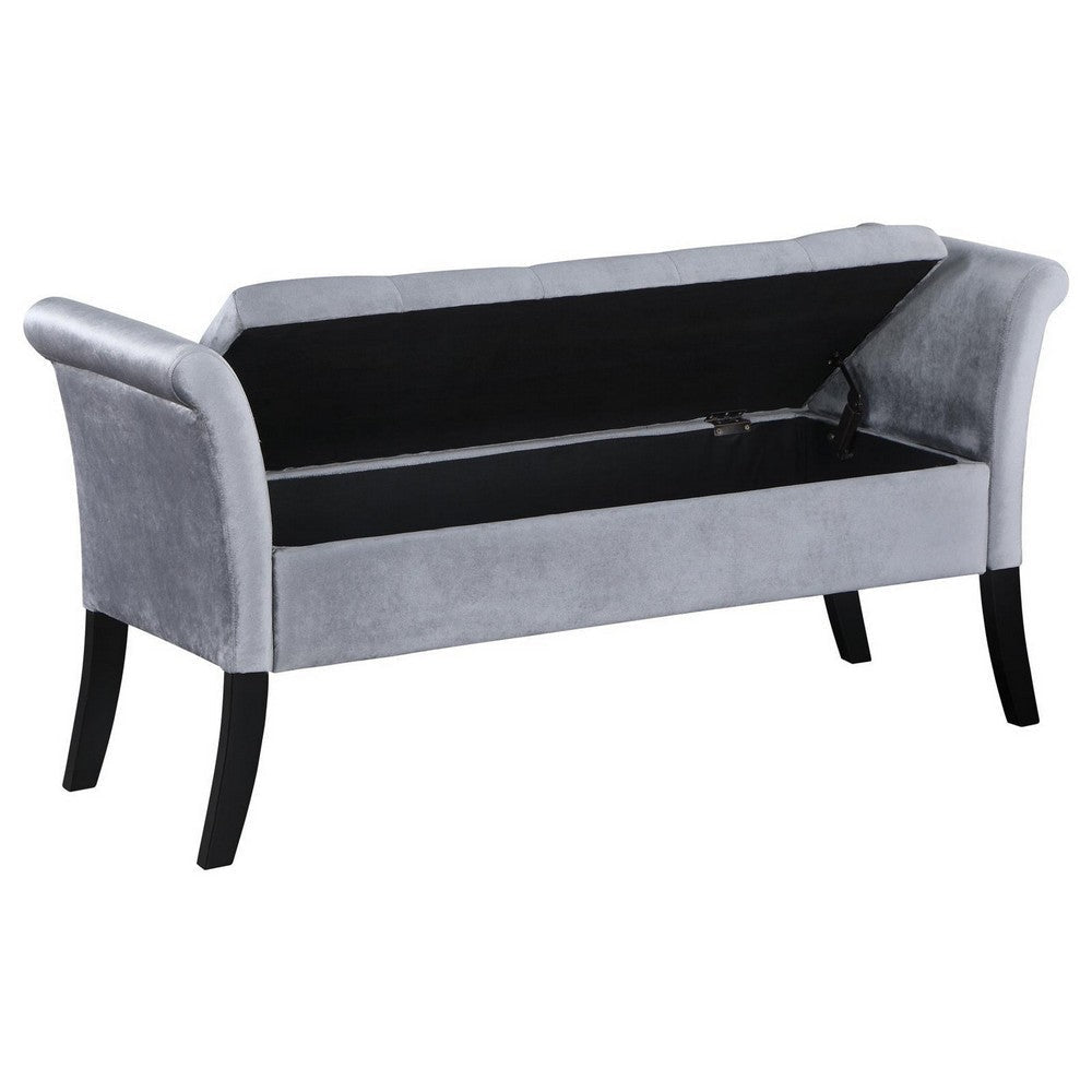 Ako 52 Inch Storage Bench Button Tufting Flared Arms Gray Upholstery By Casagear Home BM309272