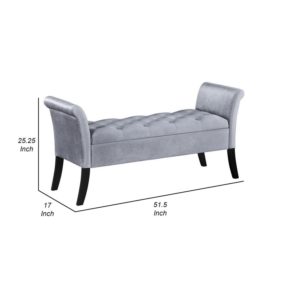 Ako 52 Inch Storage Bench Button Tufting Flared Arms Gray Upholstery By Casagear Home BM309272