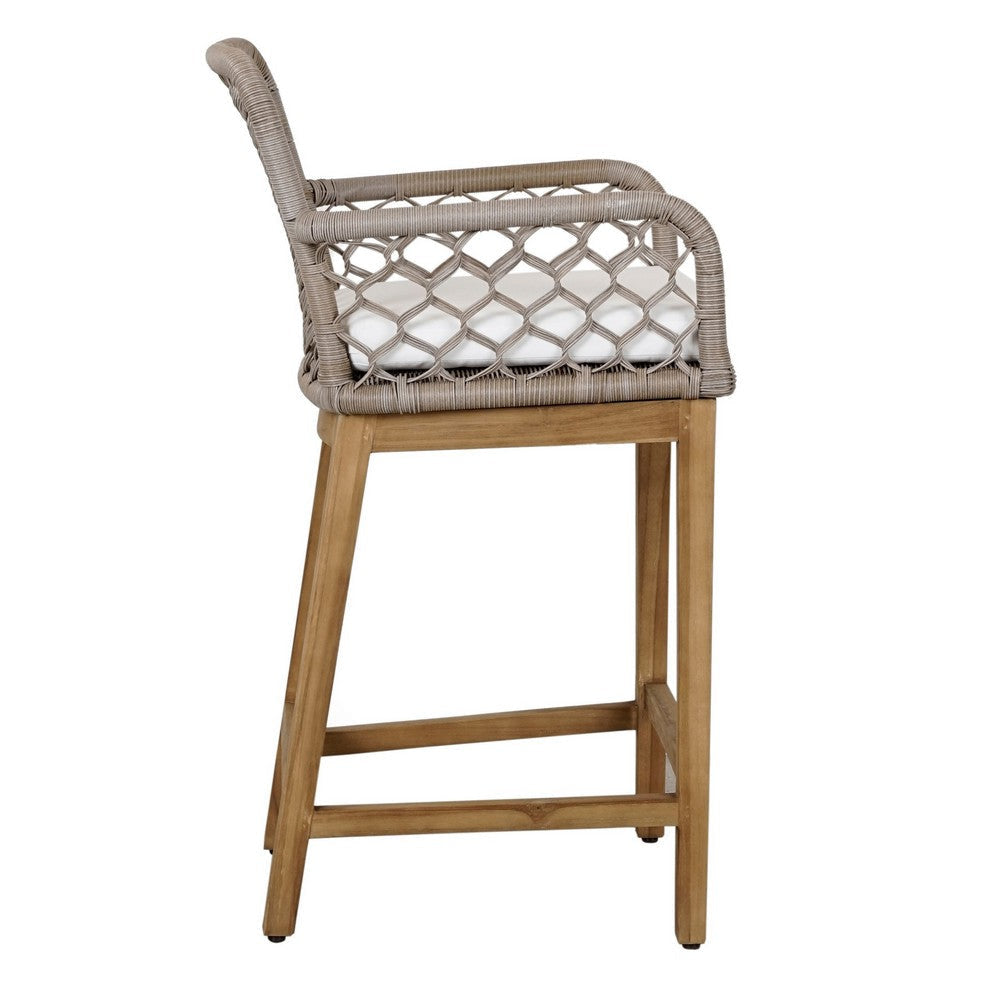 Aok 27 Inch Outdoor Counter Stool Chair Gray Woven Rope Curved Brown Teak By Casagear Home BM309282