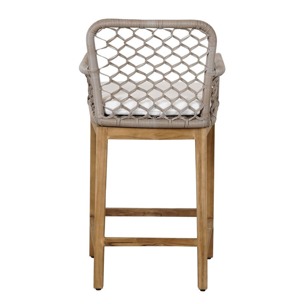 Aok 27 Inch Outdoor Counter Stool Chair Gray Woven Rope Curved Brown Teak By Casagear Home BM309282