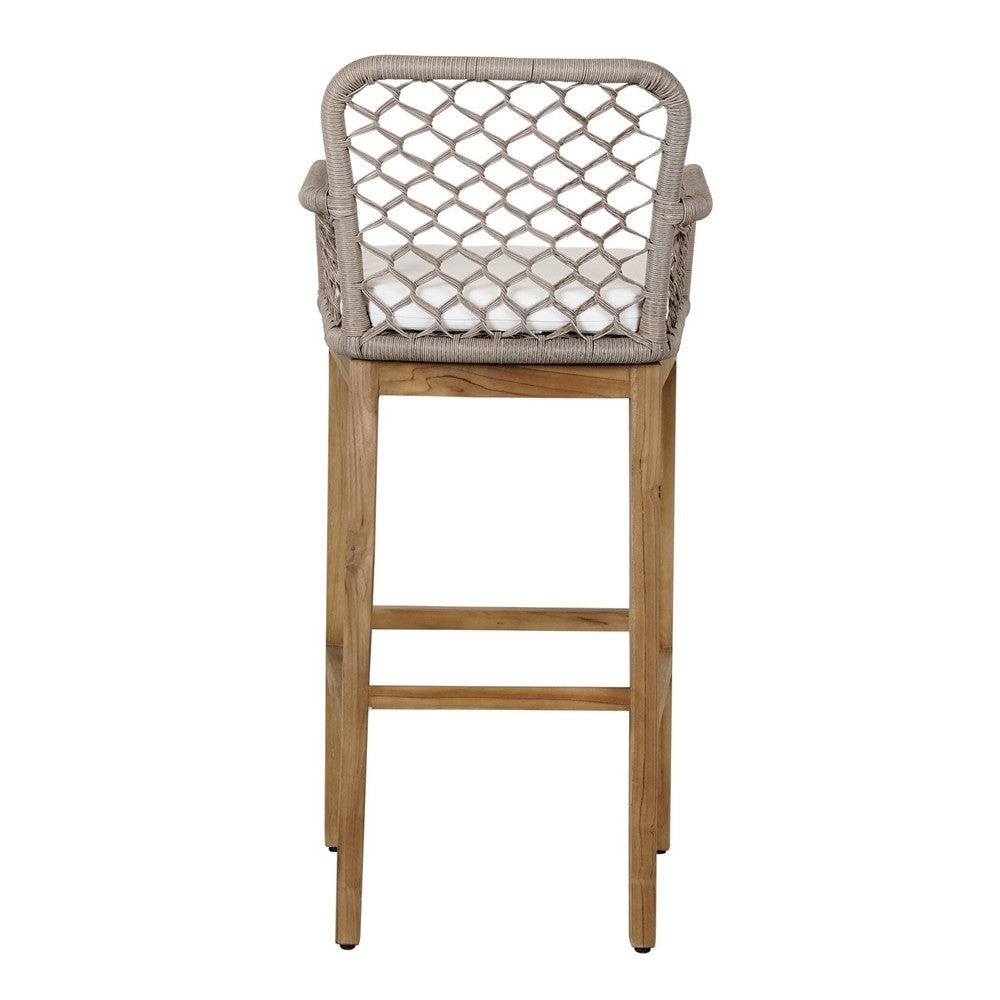 Aok 33 Inch Outdoor Barstool Chair Gray Woven Rope Curved Back Brown Teak By Casagear Home BM309283