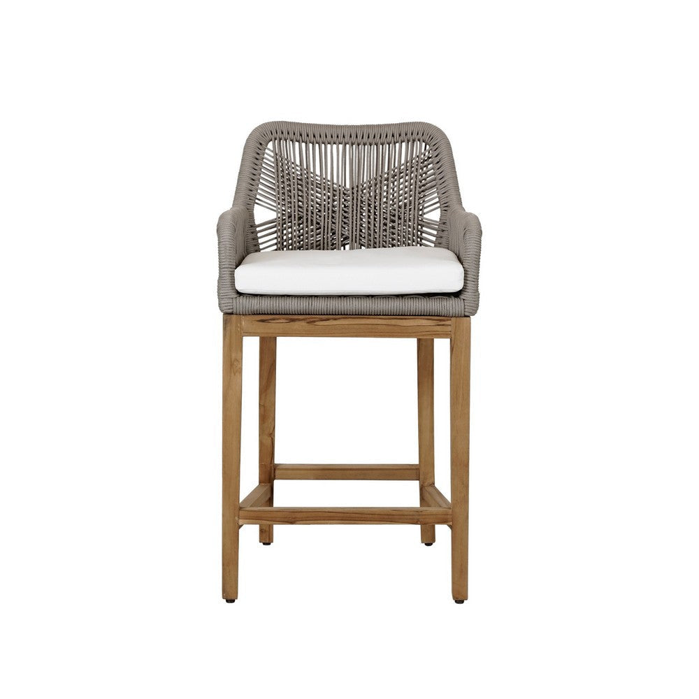 Navi 27 Inch Outdoor Counter Stool Chair Woven Rope Gray Brown Teak By Casagear Home BM309285