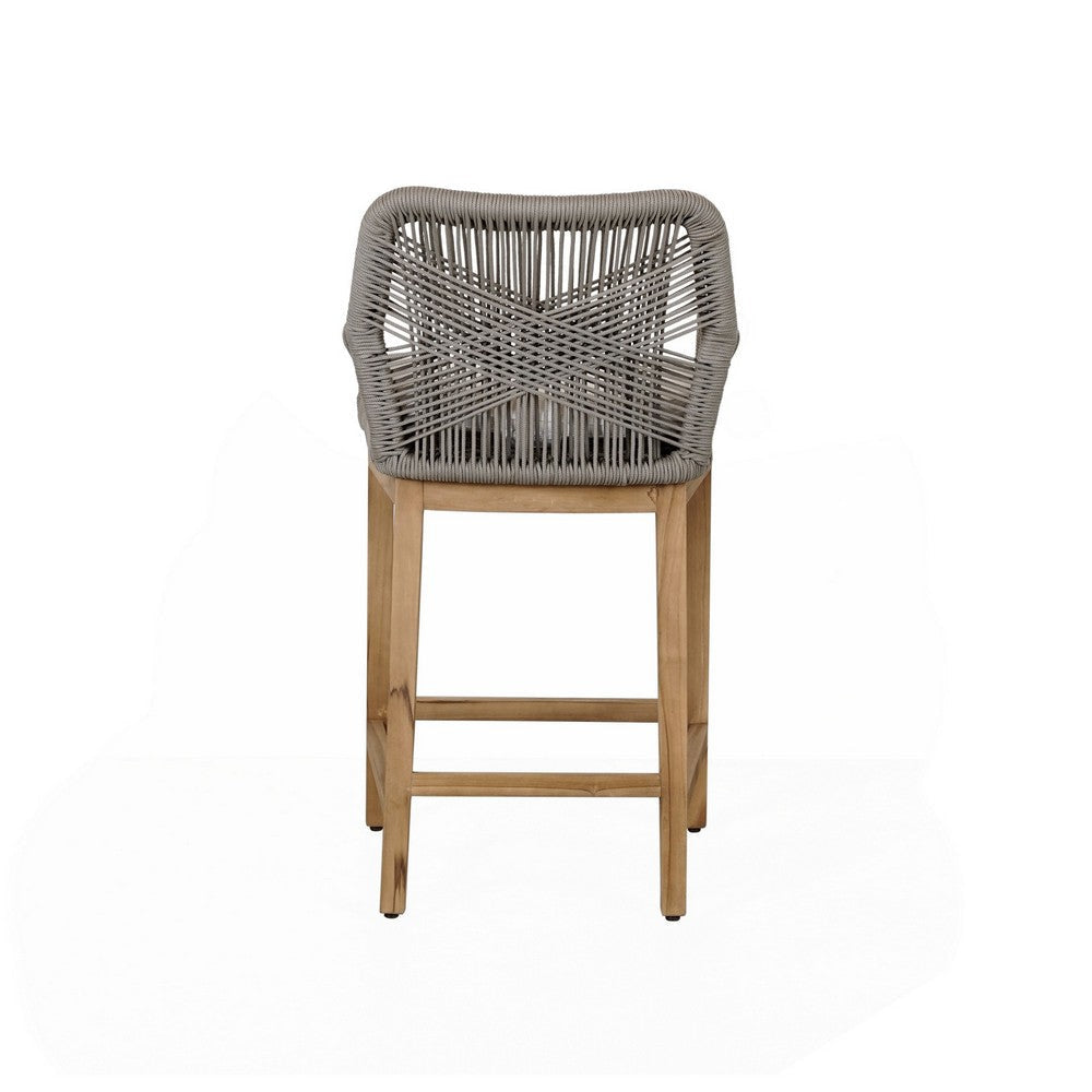 Navi 27 Inch Outdoor Counter Stool Chair Woven Rope Gray Brown Teak By Casagear Home BM309285