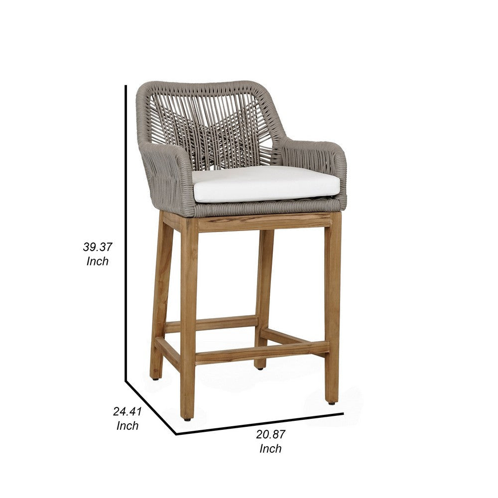 Navi 27 Inch Outdoor Counter Stool Chair Woven Rope Gray Brown Teak By Casagear Home BM309285