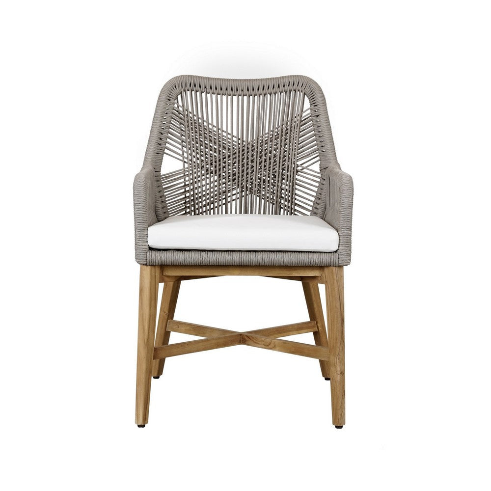 Navi 25 Inch Outdoor Dining Chair Woven Rope Ash Gray Brown Teak Wood By Casagear Home BM309286