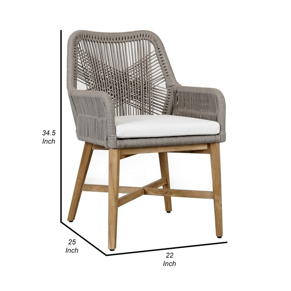 Navi 25 Inch Outdoor Dining Chair Woven Rope Ash Gray Brown Teak Wood By Casagear Home BM309286