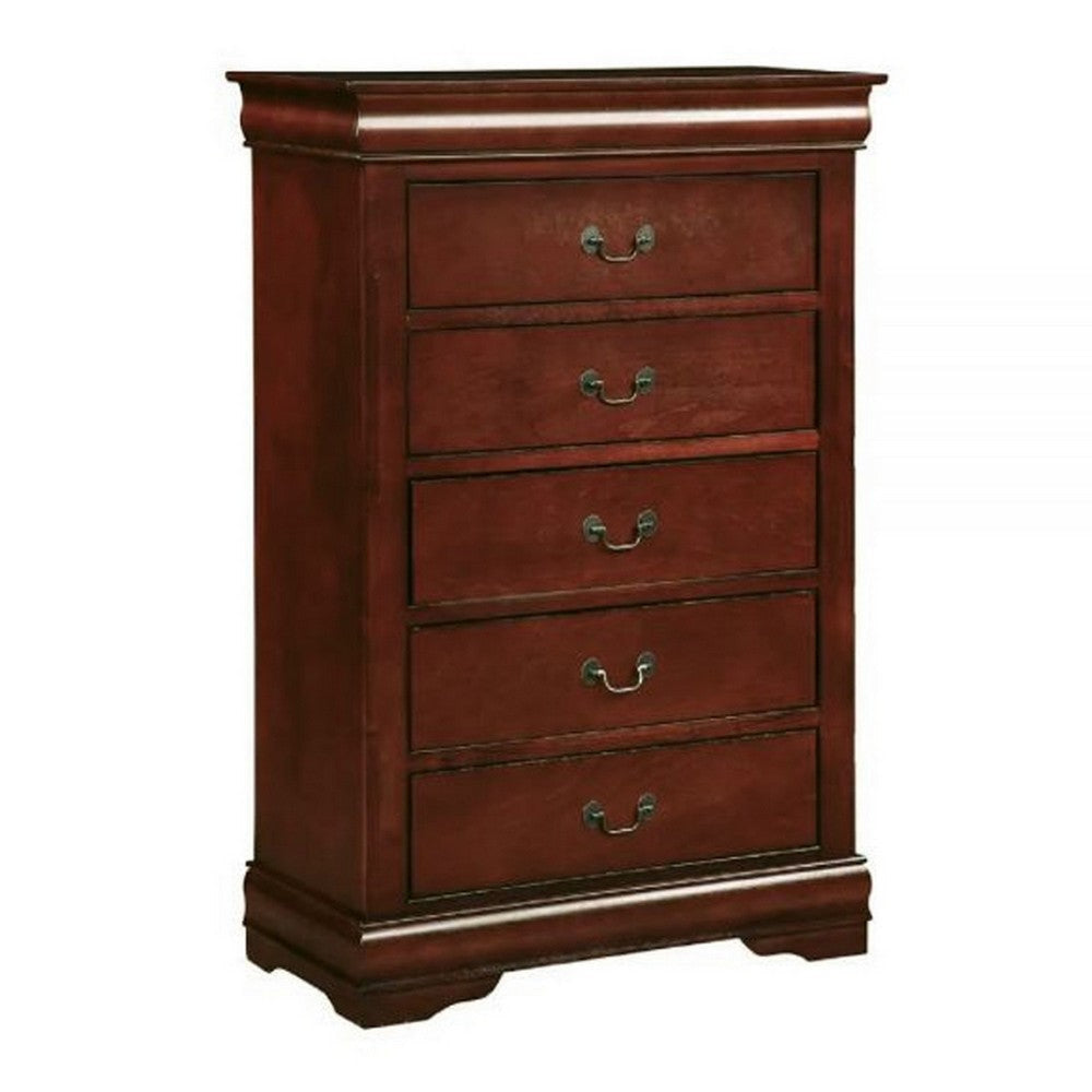 Zyna 48 Inch Tall Dresser Chest, Pine Wood, 5 Drawers, Cherry Brown  By Casagear Home