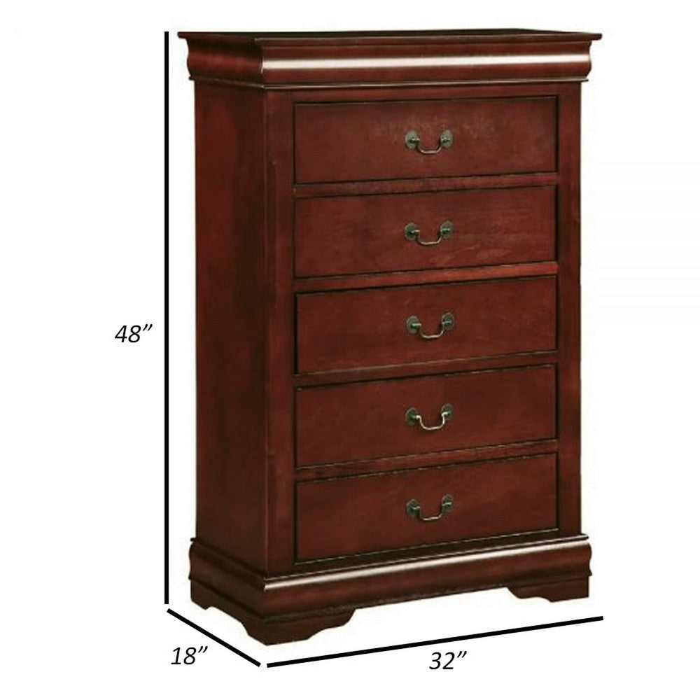 Zyna 48 Inch Tall Dresser Chest Pine Wood 5 Drawers Cherry Brown By Casagear Home BM309372