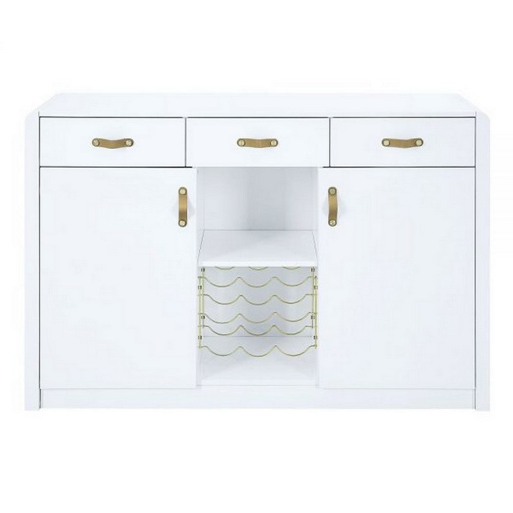 Raza 54 Inch Server Buffet Cabinet with Drawers Metal Wine Holder White By Casagear Home BM309387