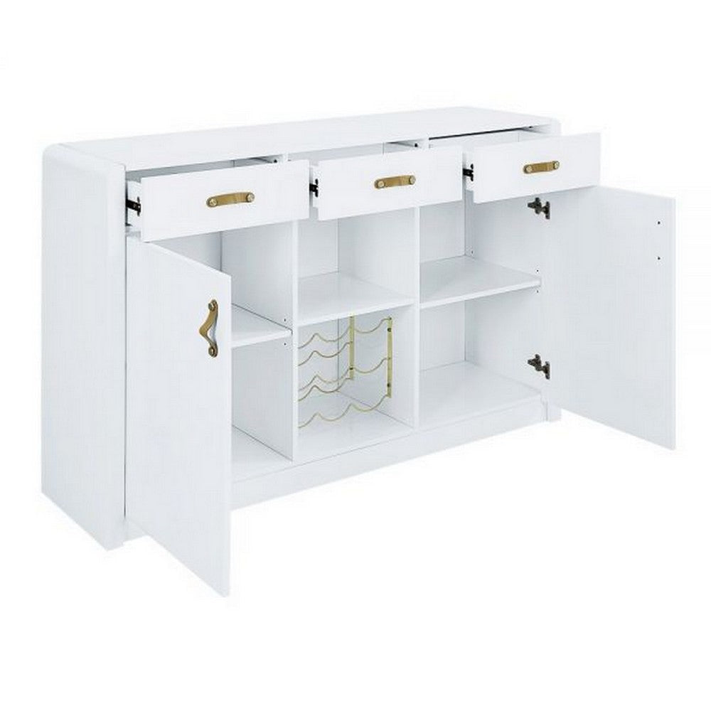 Raza 54 Inch Server Buffet Cabinet with Drawers Metal Wine Holder White By Casagear Home BM309387