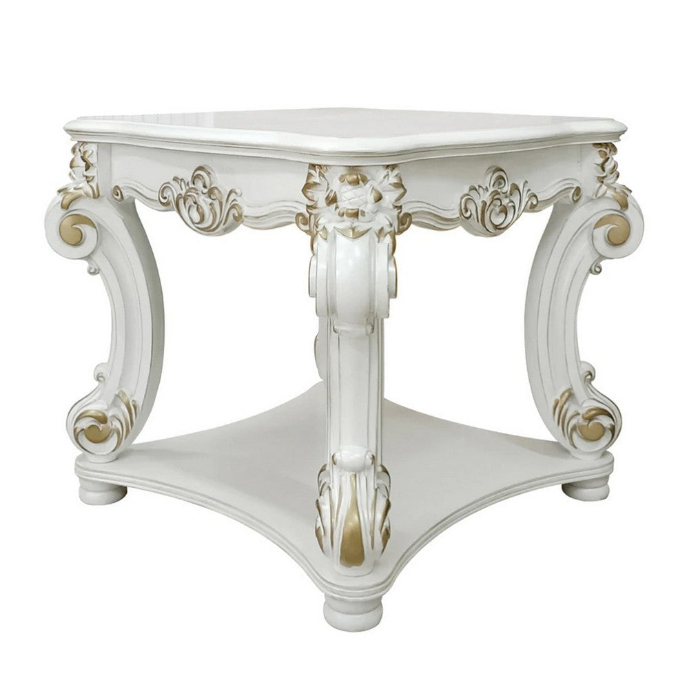 Jess 31 Inch Side End Table, Classic Scrolled Legs, White, Brushed Gold  By Casagear Home