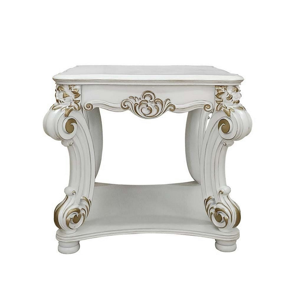 Jess 31 Inch Side End Table Classic Scrolled Legs White Brushed Gold By Casagear Home BM309421