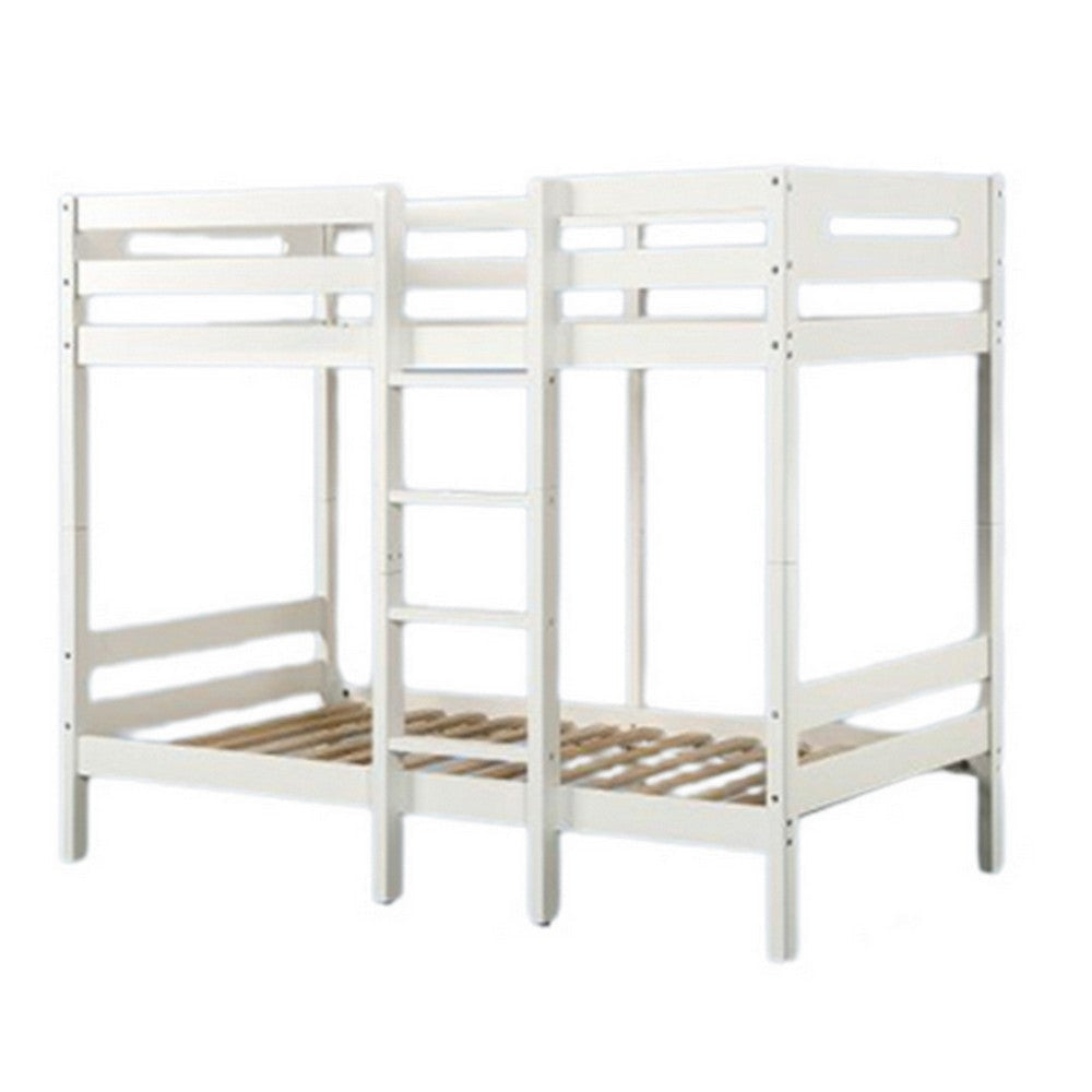 Asin Twin Bunk Bed with Front Facing Ladder Pine Wood Crisp White Finish By Casagear Home BM309451