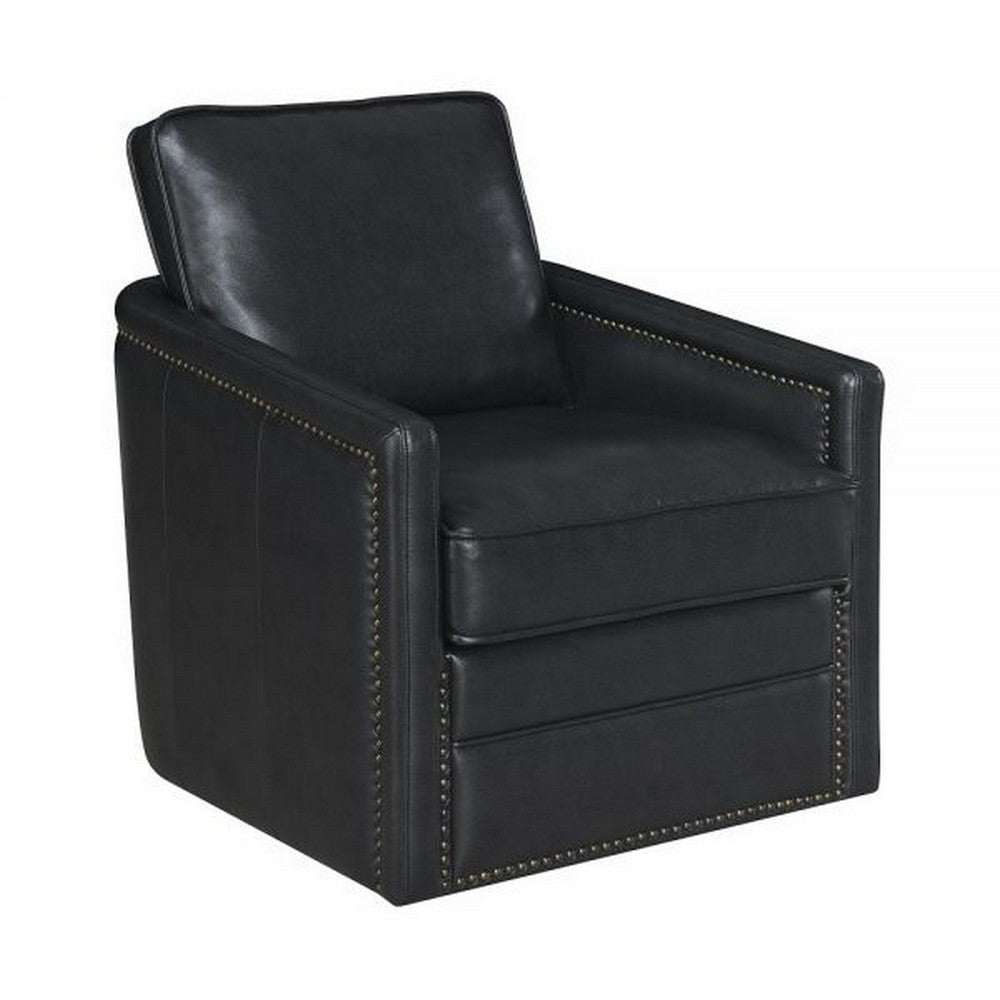 Roco 34 Inch Accent Chair with Swivel, Faux Leather Upholstery, Black  By Casagear Home