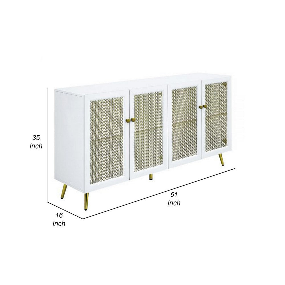 61 Inch Console Cabinet 4 Metal Mesh Doors LED Lighting MDF White By Casagear Home BM309464