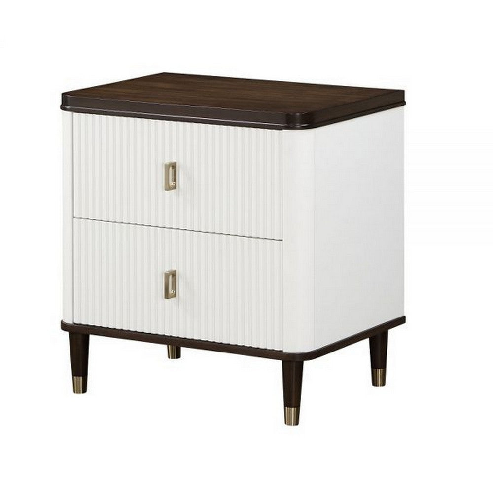 Aren 27 Inch Nightstand, 2 Drawers, USB Charger, Solid Wood, White, Brown By Casagear Home