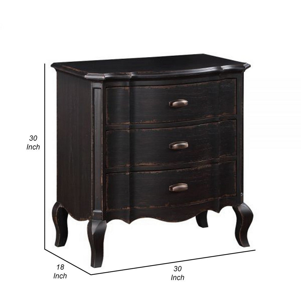 Cherry 30 Inch Nightstand 3 Drawers Cabriole Legs Rubberwood Black By Casagear Home BM309475