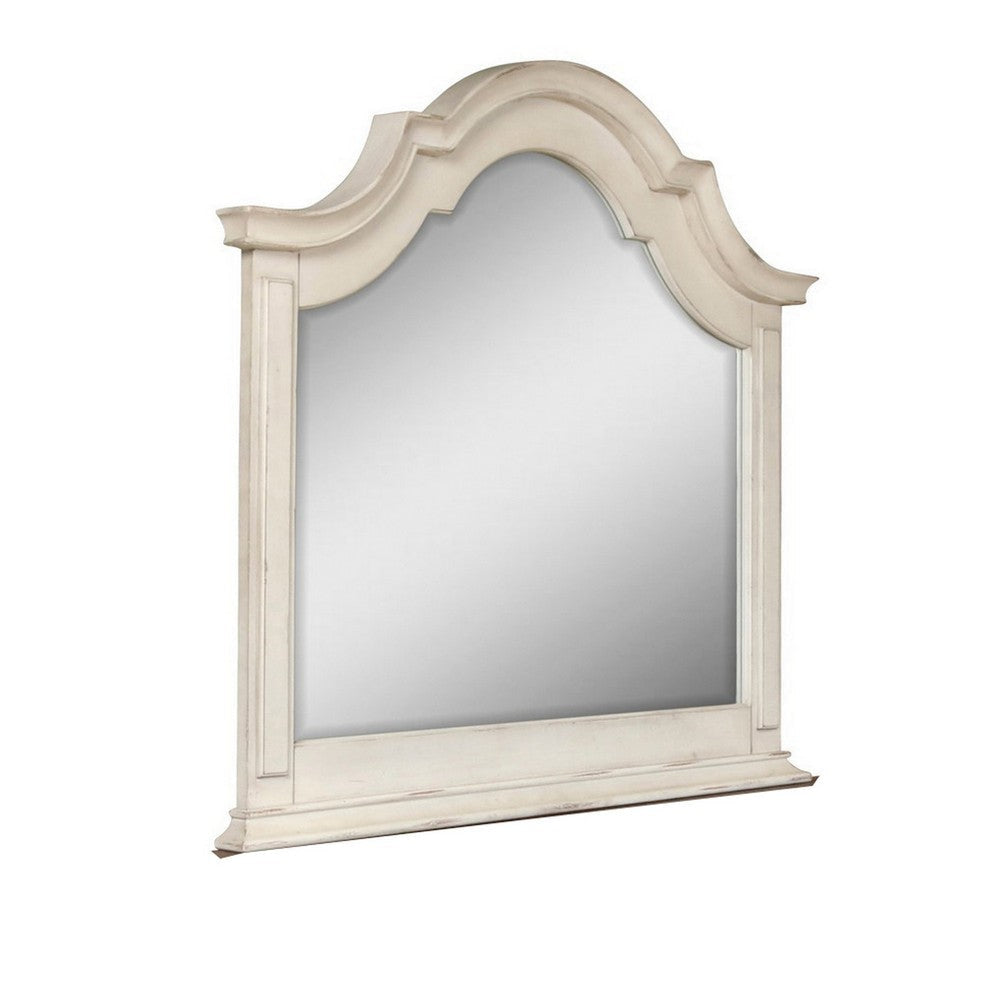 Maia 43 x 46 Dresser Mirror with Curved Top, Poplar and Oak, Antique White By Casagear Home