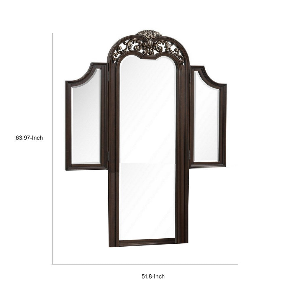 Liana 64 Inch Vanity Table Mirror 3 Panels Crown Carvings and Scrollwork By Casagear Home BM309489