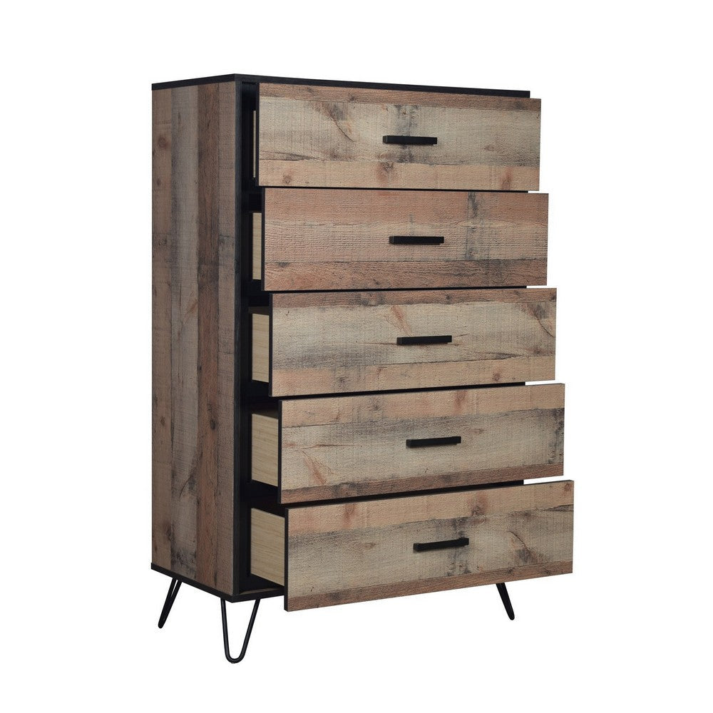 Lala 50 Inch Tall Dresser Chest 5 Drawers Black Handles Rustic Brown By Casagear Home BM309493