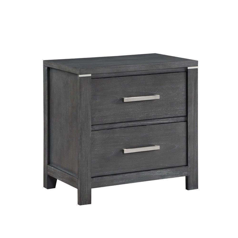 Tal 27 Inch Nightstand, 2 Drawers with Chrome Handles, Charcoal Gray Finish By Casagear Home