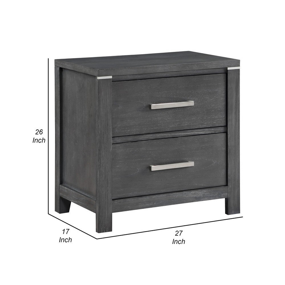 Tal 27 Inch Nightstand 2 Drawers with Chrome Handles Charcoal Gray Finish By Casagear Home BM309499