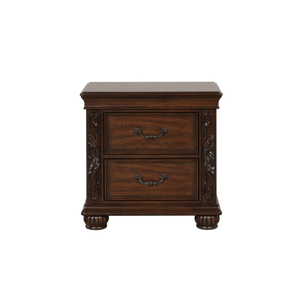 Akil 27 Inch Nightstand 2 Drawers Floral Carved Classic Cherry Brown Wood By Casagear Home BM309533