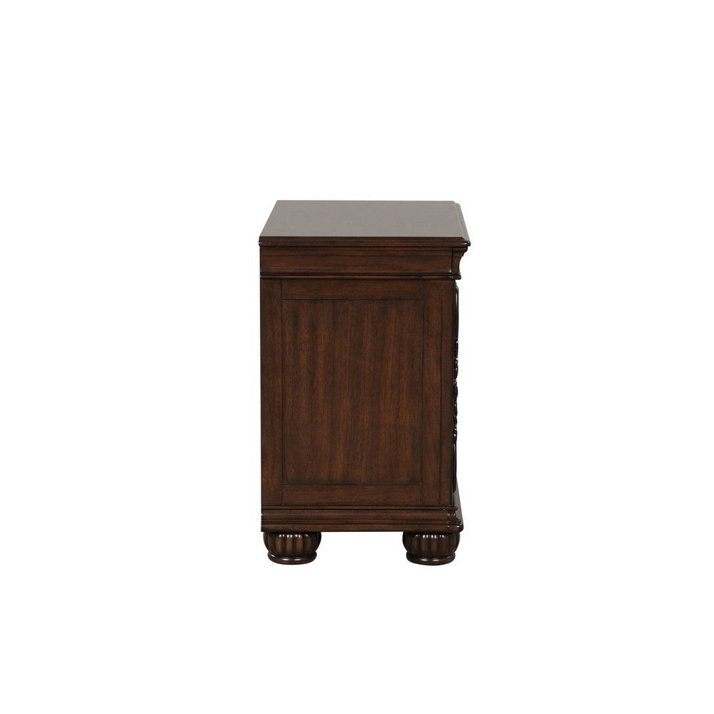 Akil 27 Inch Nightstand 2 Drawers Floral Carved Classic Cherry Brown Wood By Casagear Home BM309533