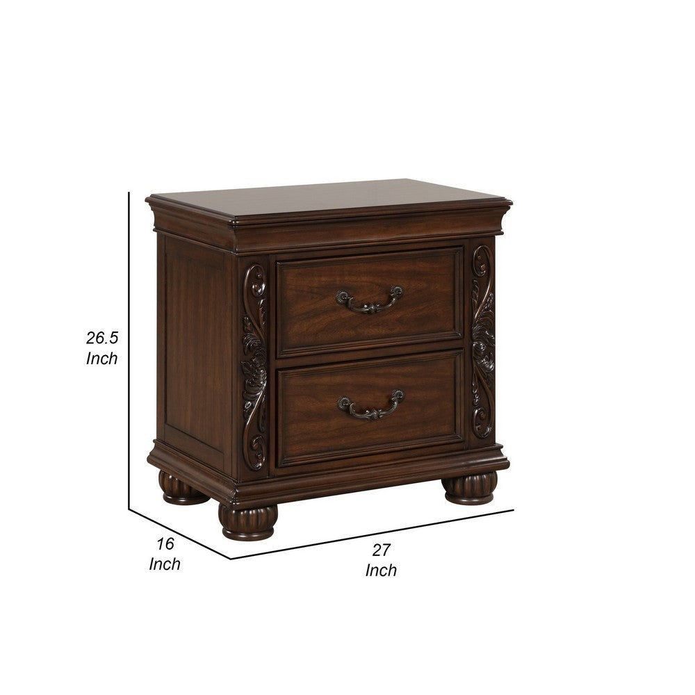 Akil 27 Inch Nightstand 2 Drawers Floral Carved Classic Cherry Brown Wood By Casagear Home BM309533