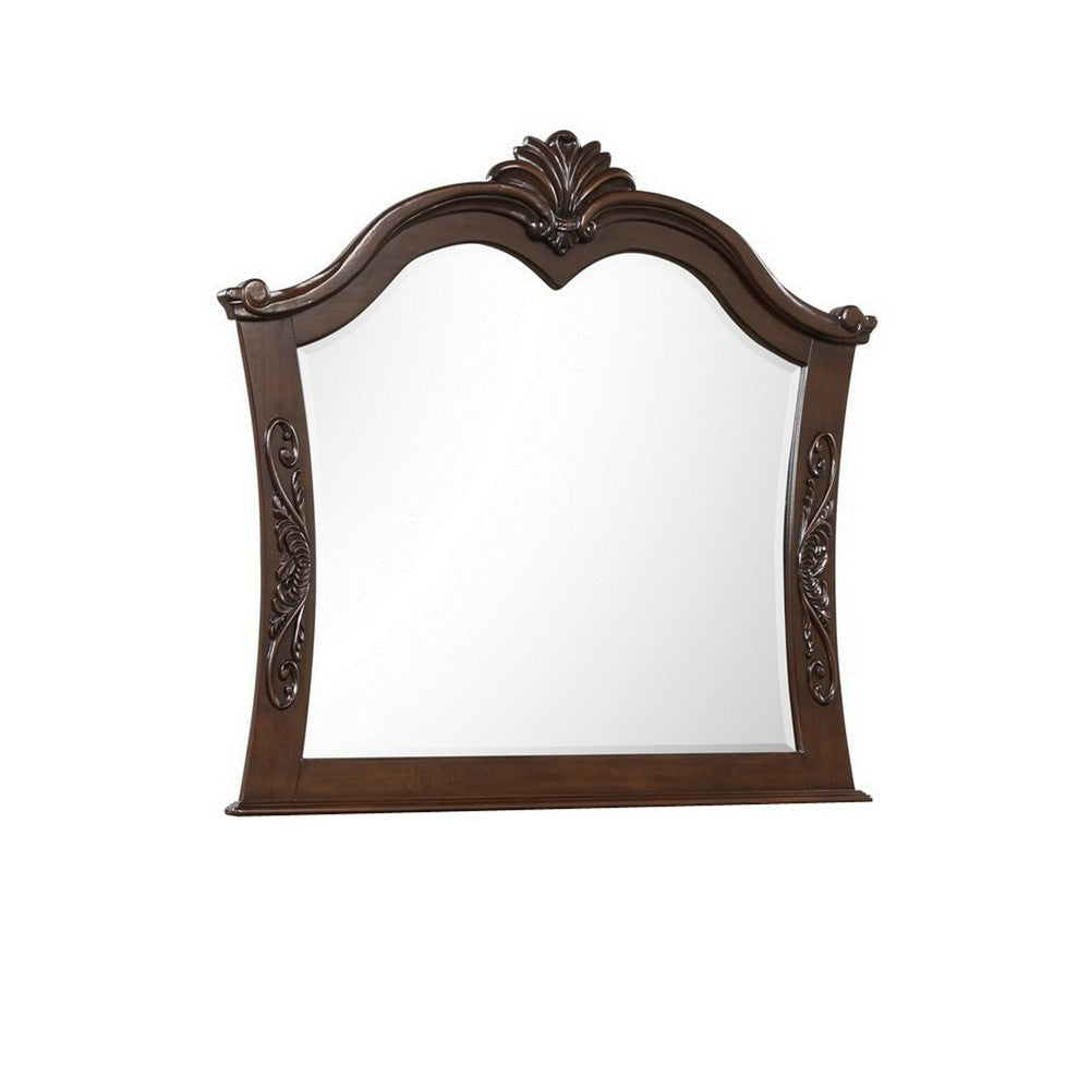 Akil 43 x 46 Dresser Mirror, Classic Arched Edges, Floral Carved Cherry Brown By Casagear Home