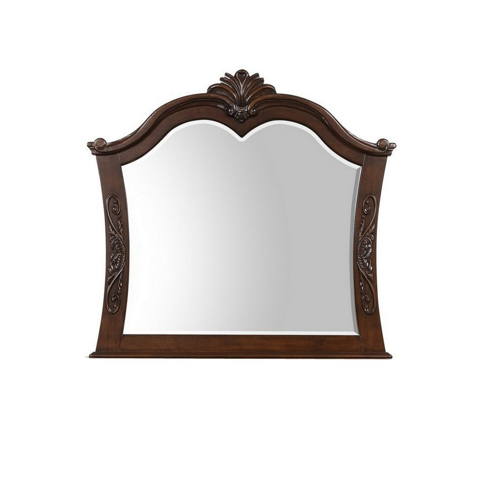 Akil 43 x 46 Dresser Mirror Classic Arched Edges Floral Carved Cherry Brown By Casagear Home BM309536