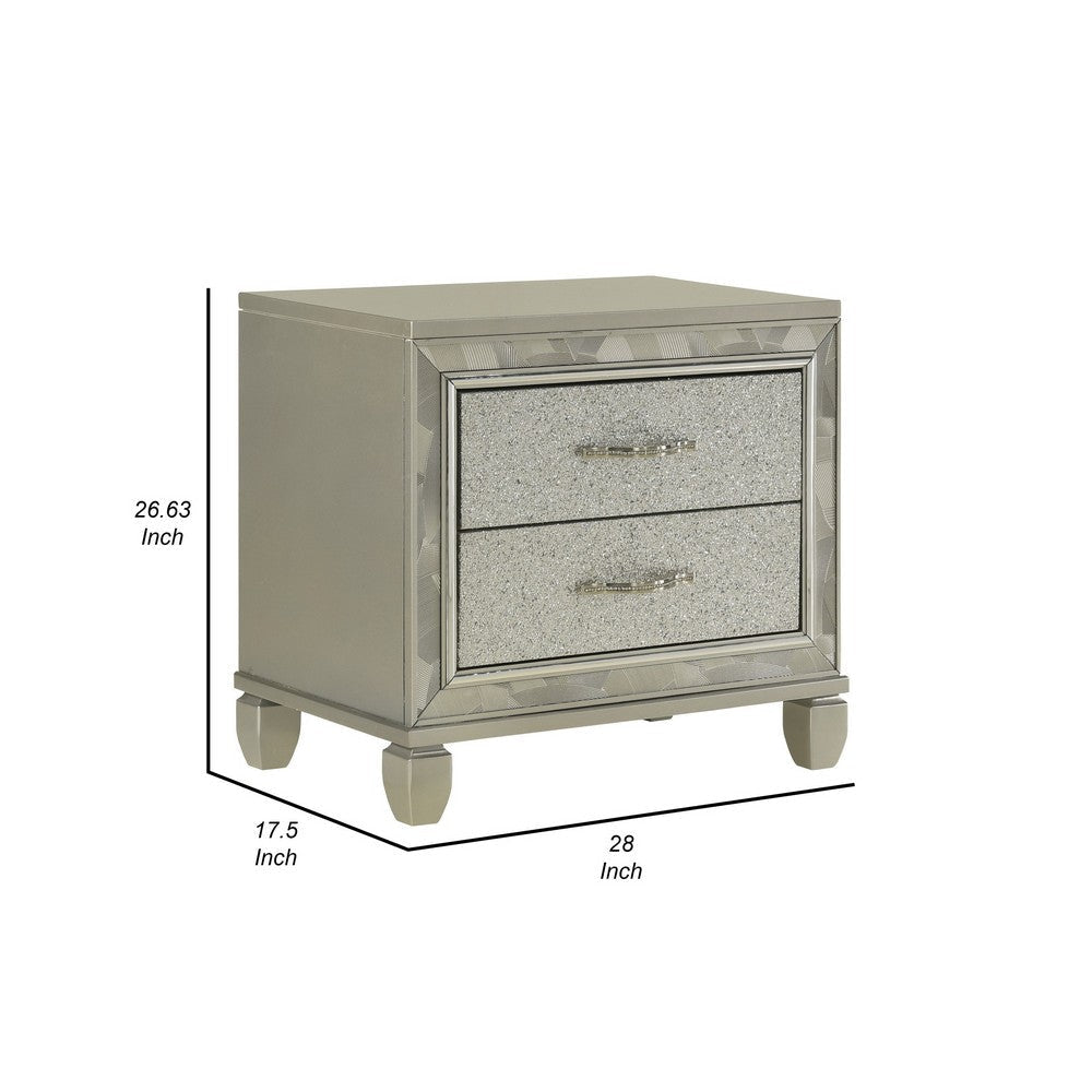 Bet 28 Inch Nightstand 2 Rhinestone Inlaid Drawers Chrome Handles Silver By Casagear Home BM309537