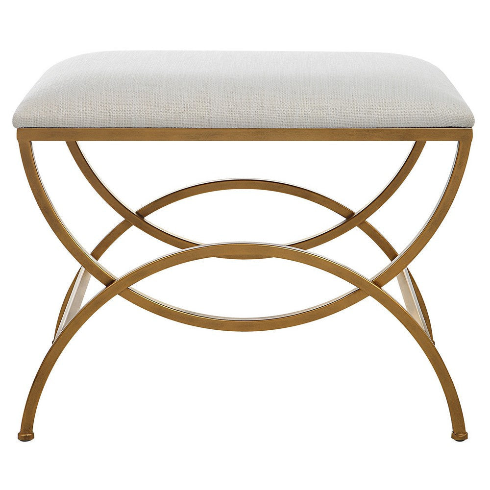 24 Inch Accent Stool Cushioned Double Arched Off White Upholstery Gold By Casagear Home BM309568