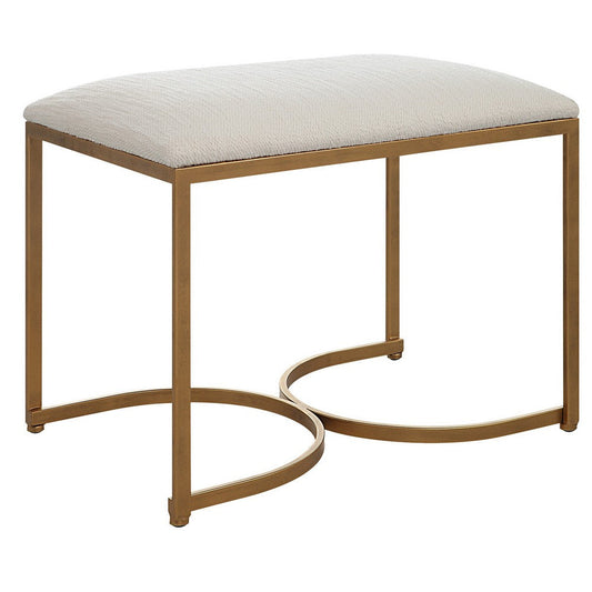 24 Inch Accent Stool, Cushioned Seat, Half Circle Design, Off White, Gold By Casagear Home